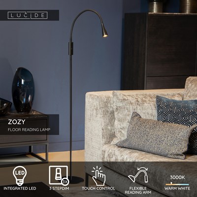 Lucide ZOZY - Floor reading lamp- LED 3 StepDim - 1x4W 3000K - Black